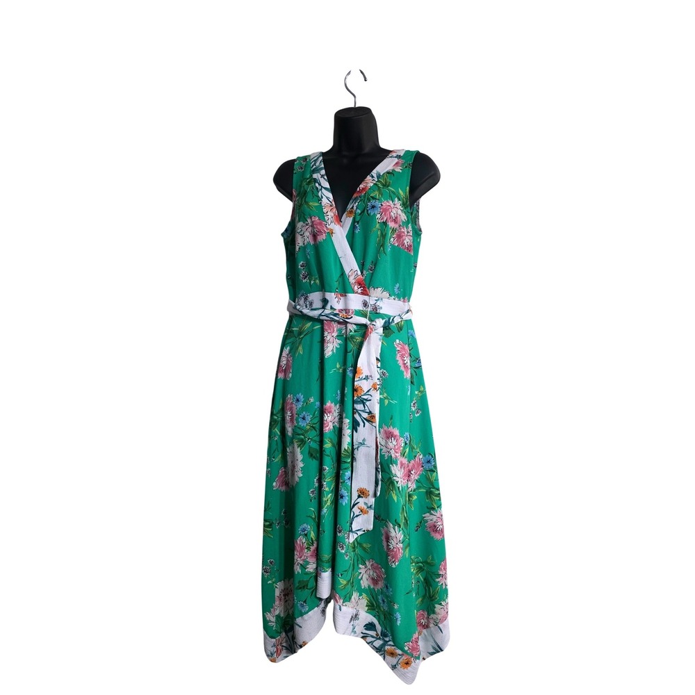 Chenault Womens Green Floral‎ Faux Wrap Midi Dress Sharkbite Hem Sz 8 Sleeveless